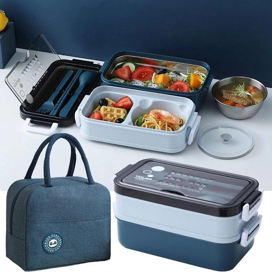 304 alluminio Bento contenitore per pranzo con ciotola per zuppa - doppia cassetta per pane - forchetta e cucchiaio - tasche di isolamento - per ufficio, picnic, scuola - per adulti