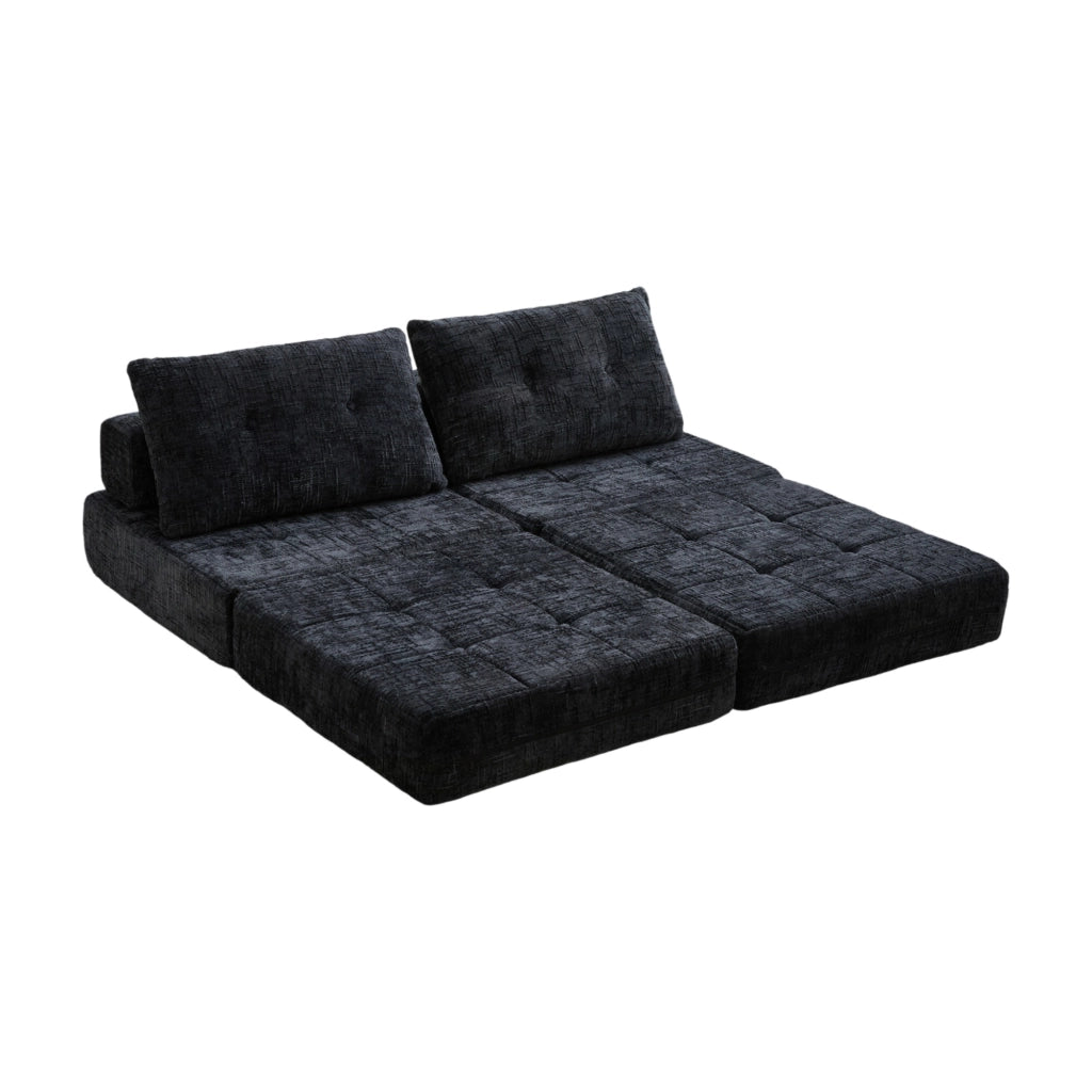 Divano letto pieghevole in chenille nero 79x180x18 cm; con cuscino schienale e poggiatesta