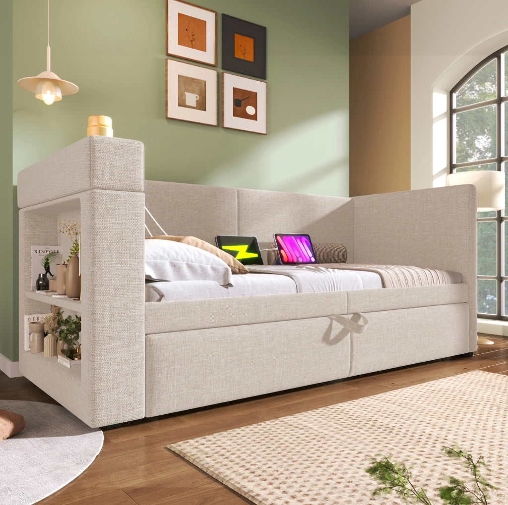 Letto singolo estraibile 90x200 cm beige con USB e portabevande