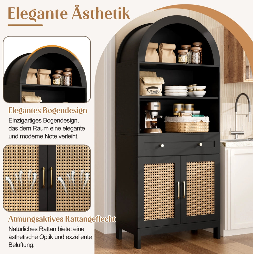 Vetrina con ante in rattan nero e legno, 70 x 40 x 170 cm