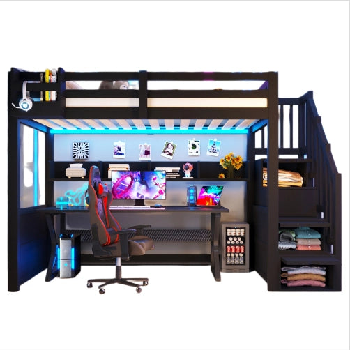 Letto a soppalco 90x200 cm con armadio; scala contenitore; 4 vani e illuminazione LED; pino e MDF; nero