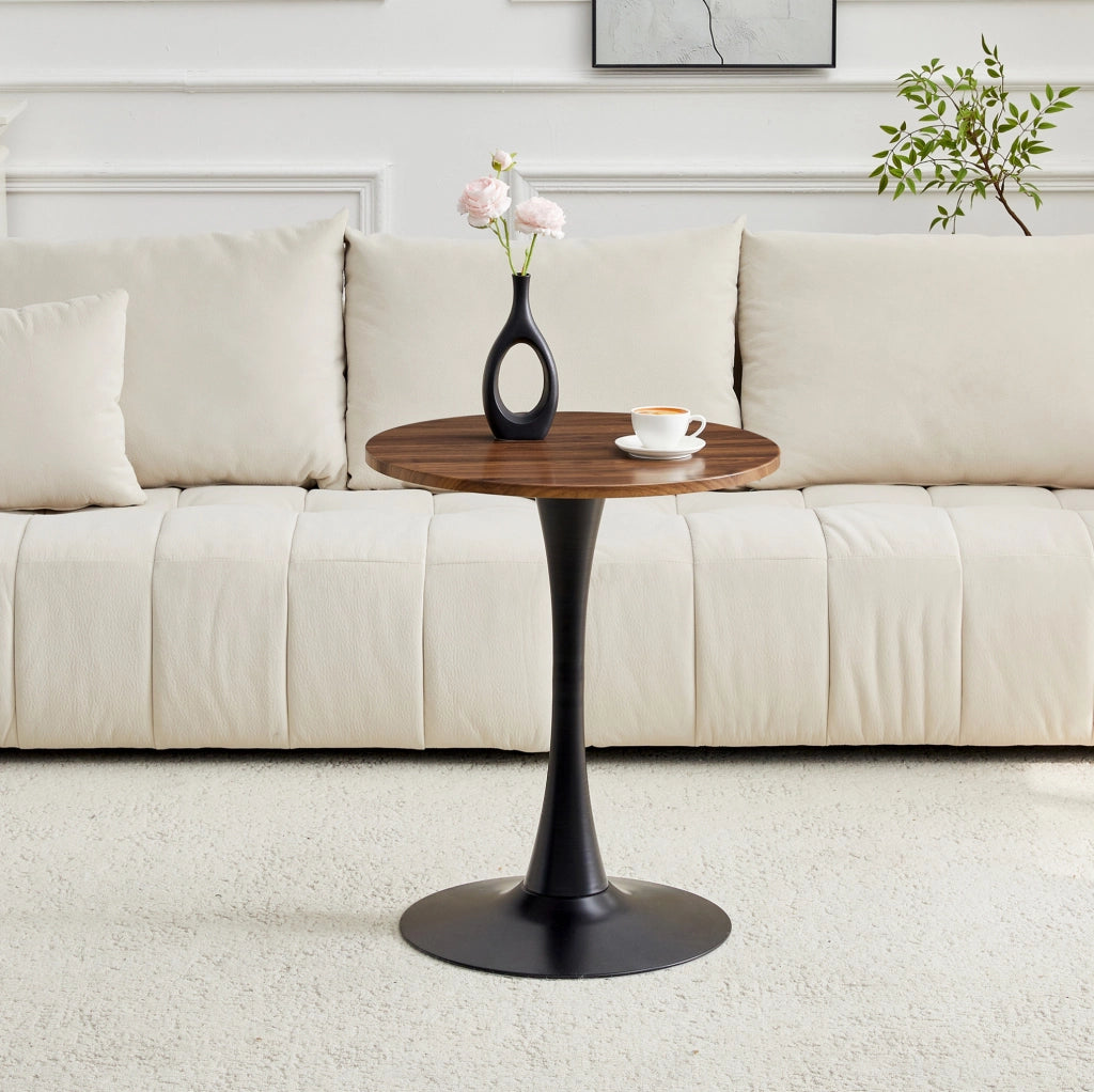Tavolo rotondo altezza 72 cm nero e noce, MDF e metallo con base centrale