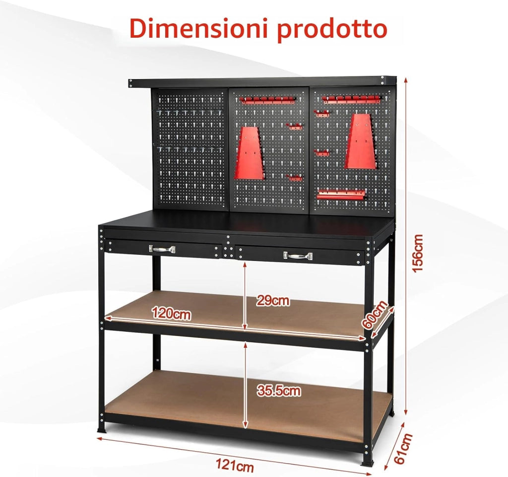 Banco da Lavoro, Organizer per Attrezzi in Metallo con 3 Pannelli Perforati con Kit di 25 Ganci, 2 Cassetti e 2 Ripiani, Banchi da Lavoro per Officina, Garage (Nero+Rosso, 121 X 61 X 156 CM)