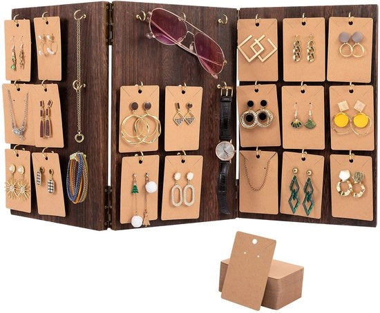 Standarizzatore per accessori in legno 3 facce per orecchini, anelli e chiavi con 27 ganci e 100 cartelle per orecchini per negozio, vetrina e casa (marrone)