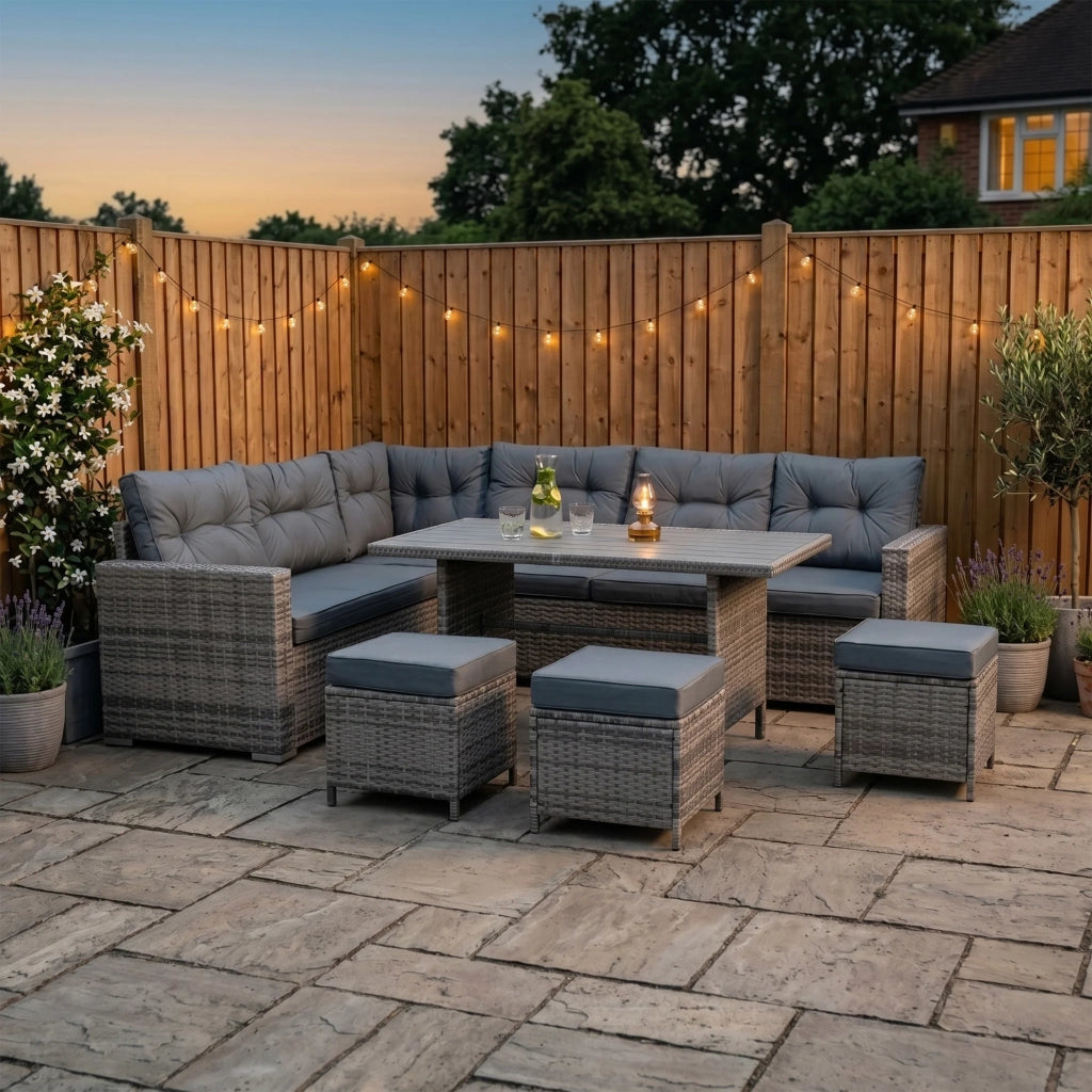 Set Angolare Rattan Giardino 9 Posti Grigio Tavolo Cuscini Impermeabili