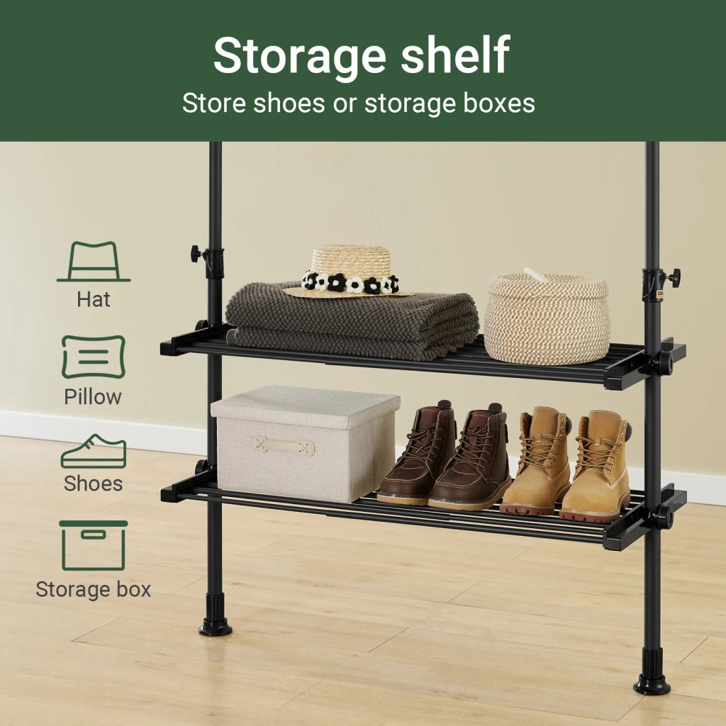 SoBuy FRG34-II-SCH, Telescopic Appendiabiti da Terra, Robusto Stand Appendiabiti con Aste e Ripiani, Armadio Aperto Regolabile per Camera da Letto, Porta Abiti Nero