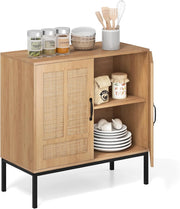 Credenza a buffet da cucina con 2 ante decorate in rattan, mensola regolabile in 3 posizioni, kit antiribaltamento, 80 x 38 x 81 cm, mobile per sala da pranzo, soggiorno (naturale)