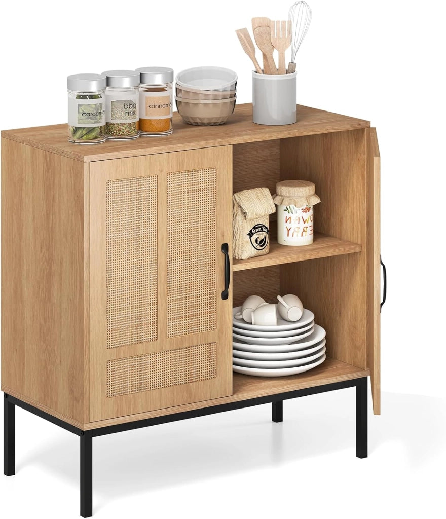 Credenza a buffet da cucina con 2 ante decorate in rattan, mensola regolabile in 3 posizioni, kit antiribaltamento, 80 x 38 x 81 cm, mobile per sala da pranzo, soggiorno (naturale)