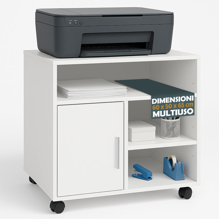 Mobile Porta Stampante Multiuso Salvaspazio 60x50x65 cm Legno Bianco