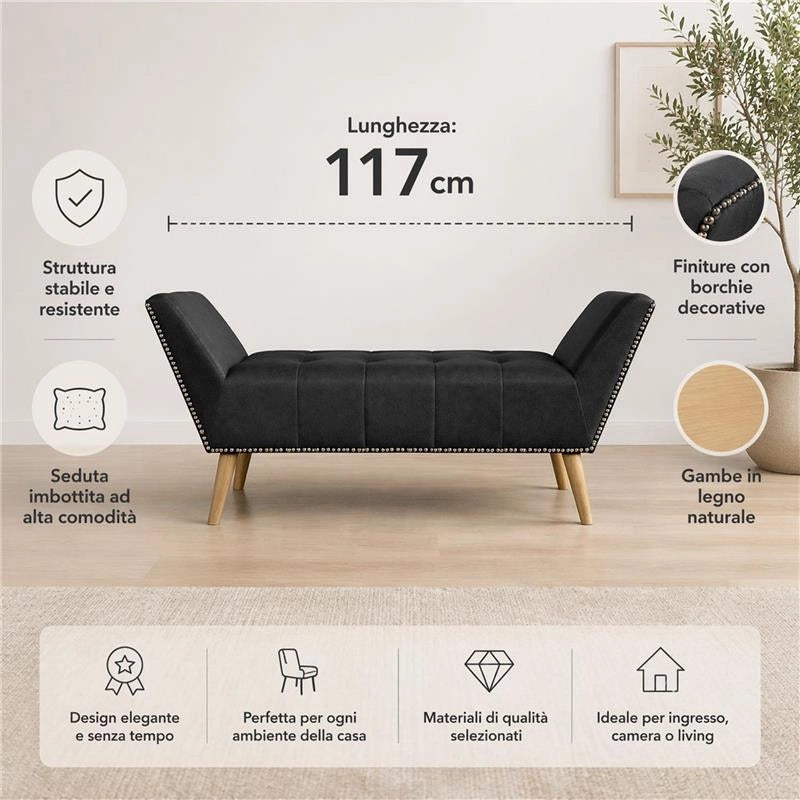 PANCA IN SIMILPELLE CON GAMBE IN LEGNO 117 X 40 X 60 CM IN COLORE NERO