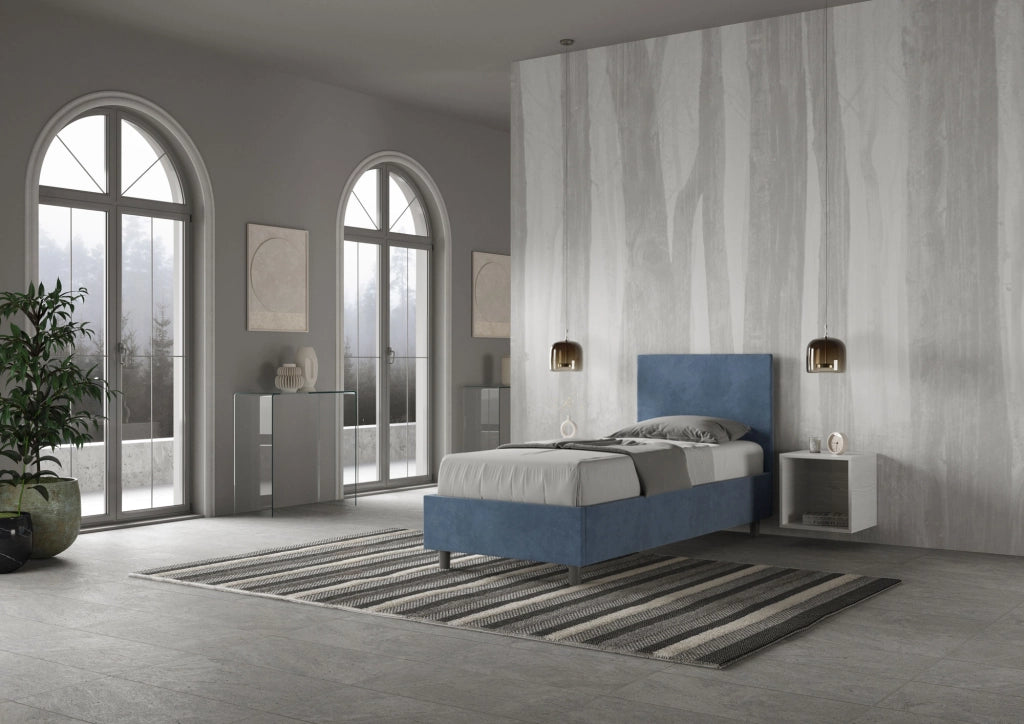 BS COM Letto singolo con rete imbottito 90x210 microfibra blu