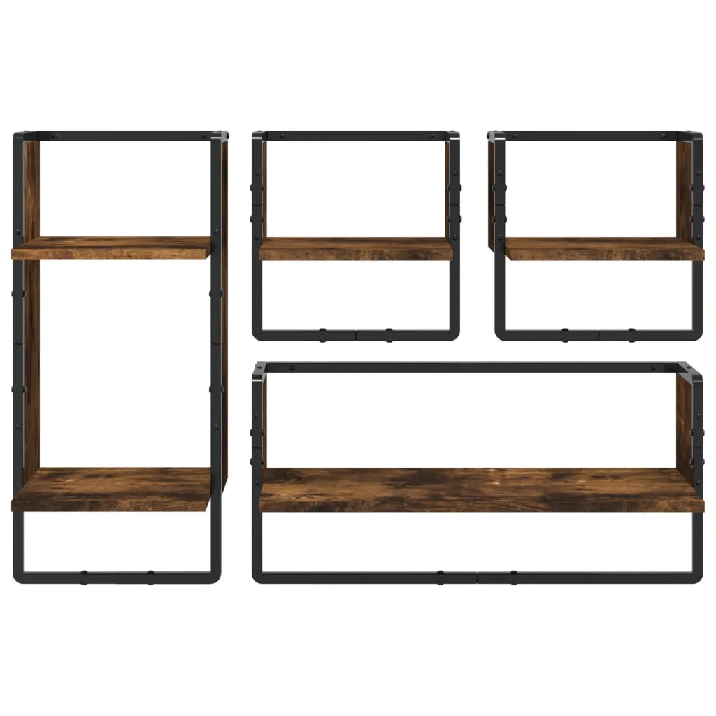 Set Mensole Parete con Aste 4pz Rovere Fumo Legno Multistrato 836310