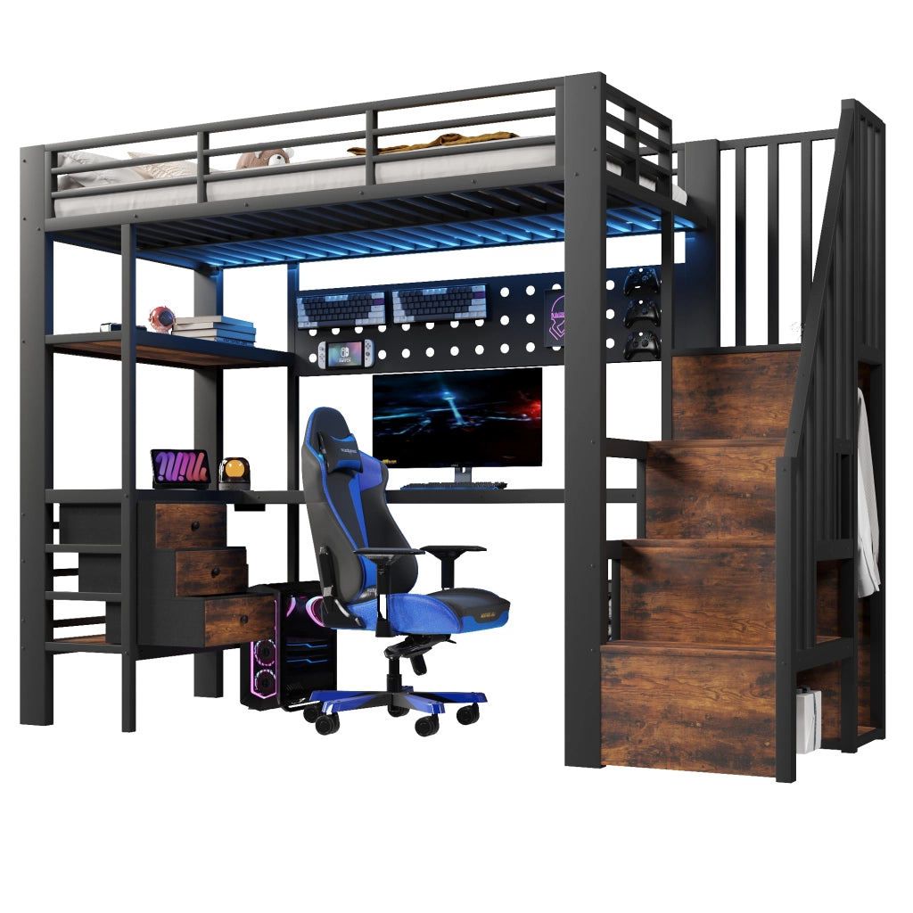 Letto a soppalco 90x200 cm con scrivania; LED e presa in MDF e metallo nero