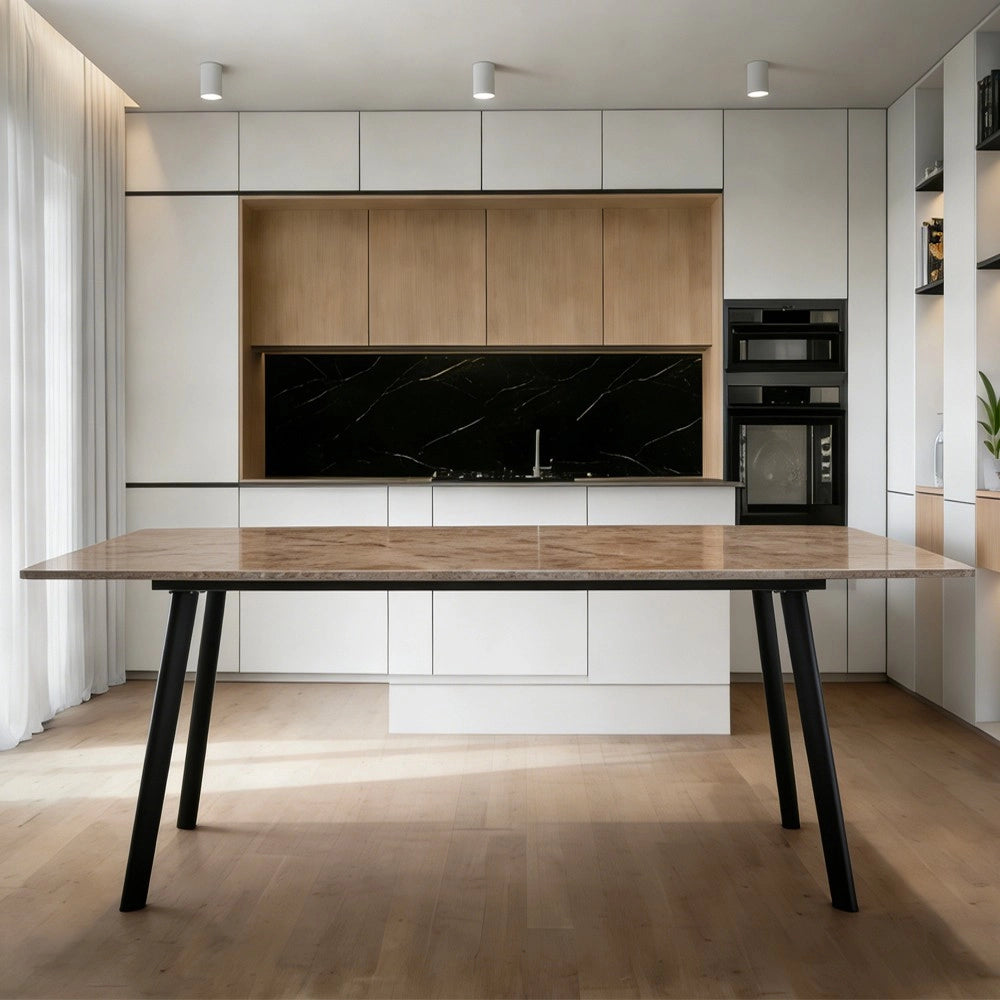 Tavolo Rettangolare Imperial 180x90 in Ceramica Effetto Marmo Senafe Brown Lucido con Gambe in Metallo Nero