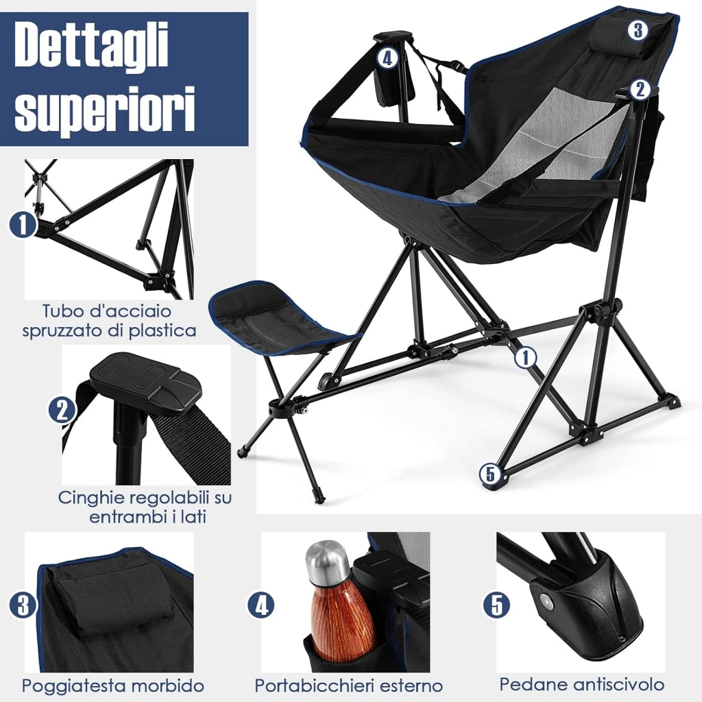 Sedia a Dondolo da Esterno Portatile, Sedia da Campeggio Pieghevole con Poggiapiedi Retrattile e Borsa da Trasporto, Ideale per Campeggio, Pesca e Picnic, Portata 150 kg (Nero)