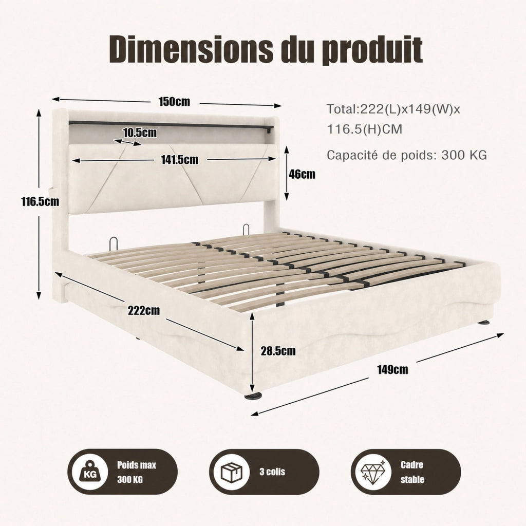 DESMIU Lit Contenitore 140 × 200 cm 2 posti con LED, USB e Type-C, senza materasso, in velluto, beige