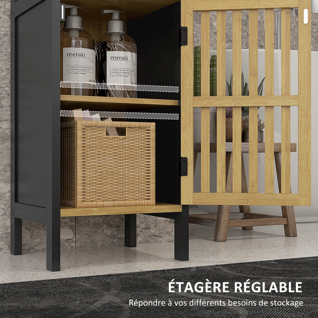Mobiletto sottolavabo in bamb¨´ con anta e nicchia aperta ¨C zephmum ¨C nero e legno 32x30x90,5 cm