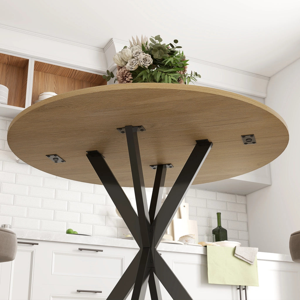 Tavolo da Pranzo Rotondo Stile Industriale Ø80x75 cm con Gambe a Croce in Acciaio Colore Quercia
