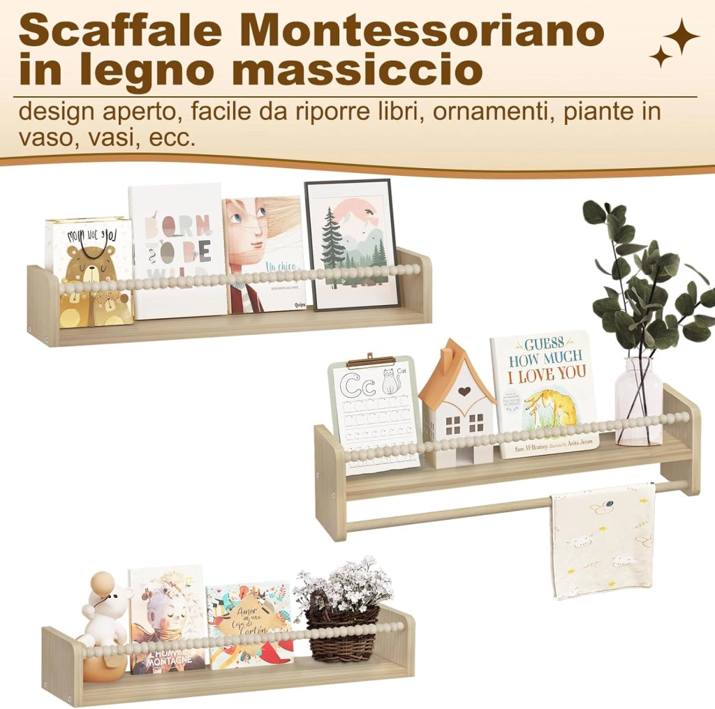 Librerie per Bambini da Parete in Legno Massello, 60 cm Set di 3 Porta Libri per Cameretta, Scaffale Libri per Bambini, Librerie da Parete Piccole con Perline