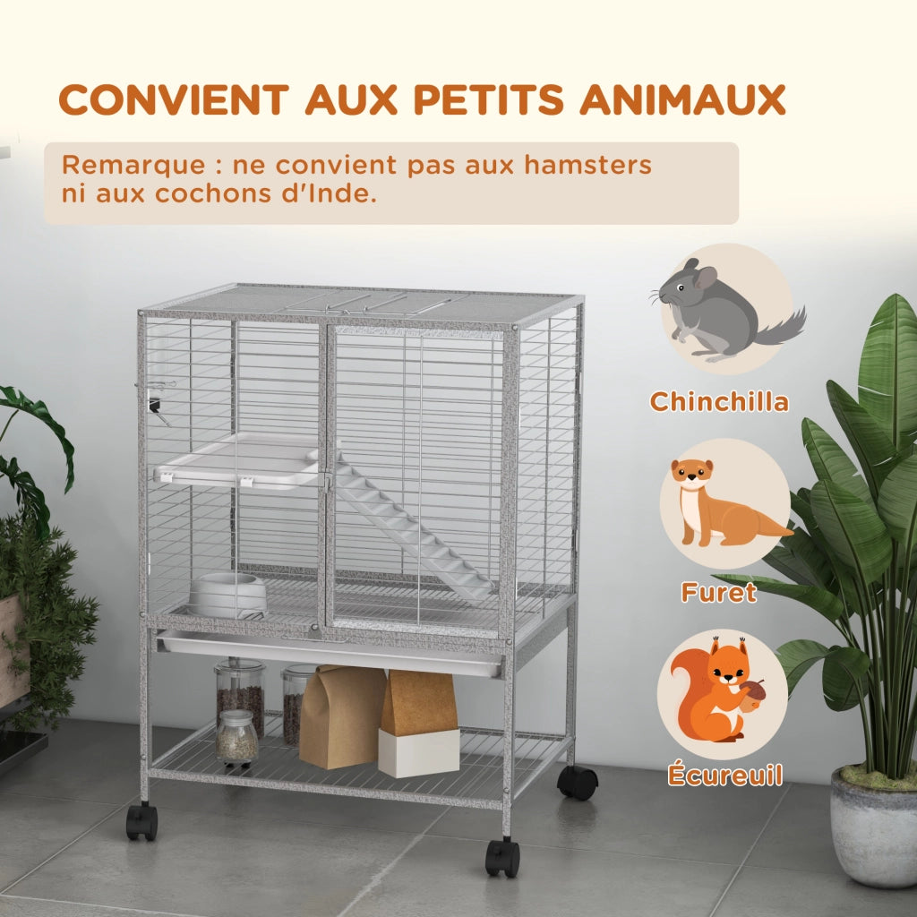 Gabbia per piccoli animali 2 livelli con ruote ¨C zephmum ¨C grigio 61.5x44.5x86 cm