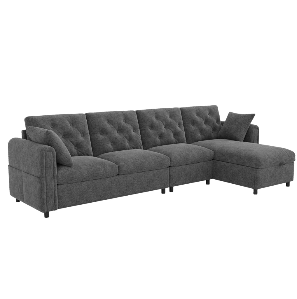 Divano angolare letto 281x132x86 cm con vano contenitore e tasca laterale in velluto grigio