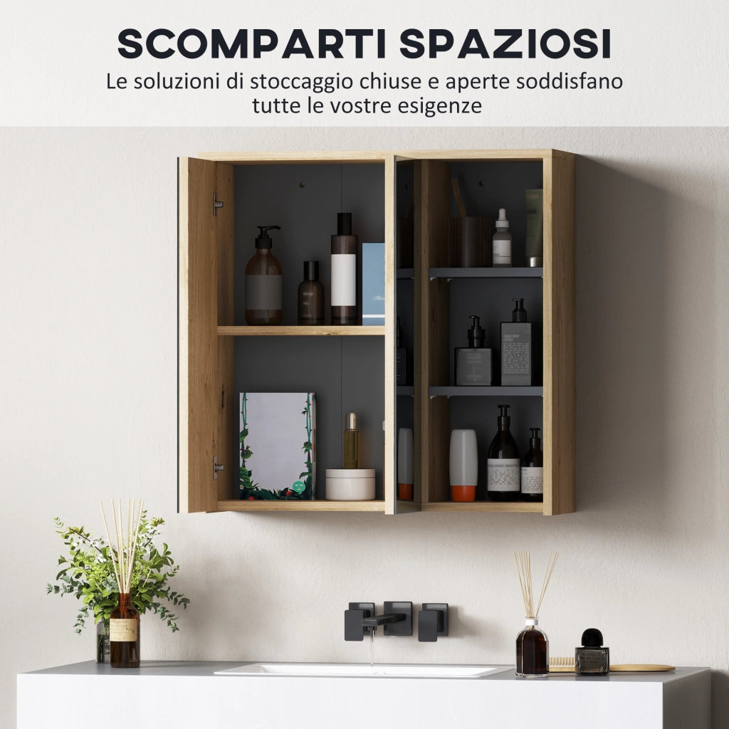 Specchio da Bagno Contenitore con 2 Ante 60x20x60 cm con Specchio e Scomparto Aperto Naturale