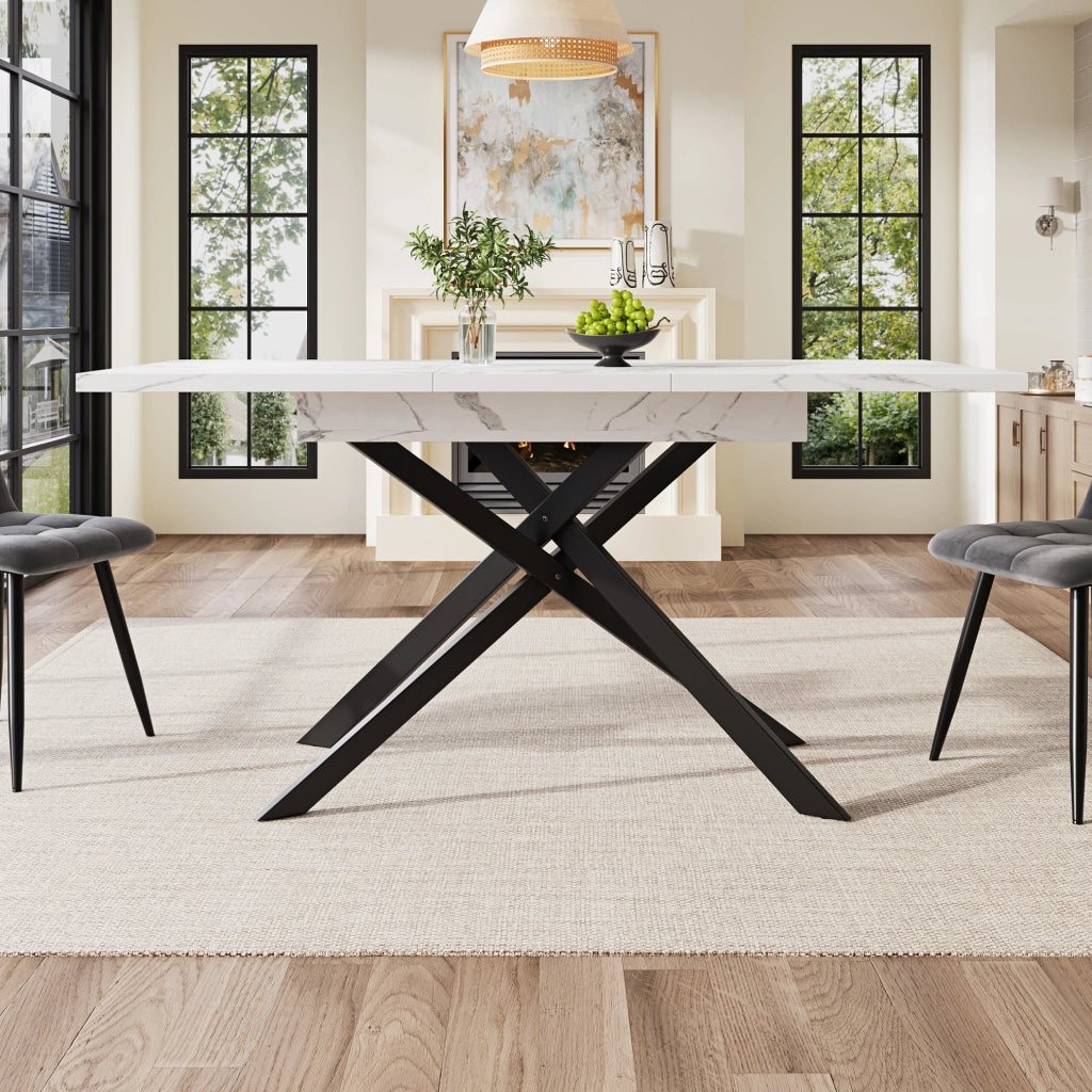 Tavolo da pranzo allungabile 120-160x80x76.5 cm; MDF effetto marmo; gambe in metallo nere