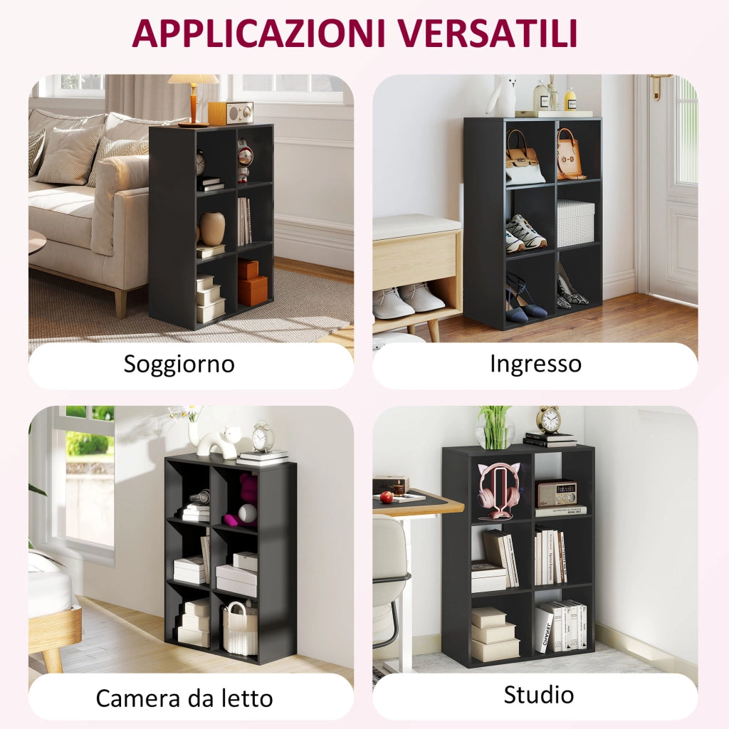 Libreria a Cubi con 6 Ripiani Portaoggetti, in Legno, 61.5x29.5x91.5 cm, Nero