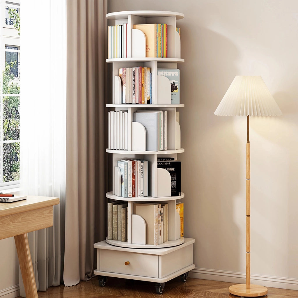 Libreria girevole 360° con ruote e cassetto, salvaspazio, bianco, MDF