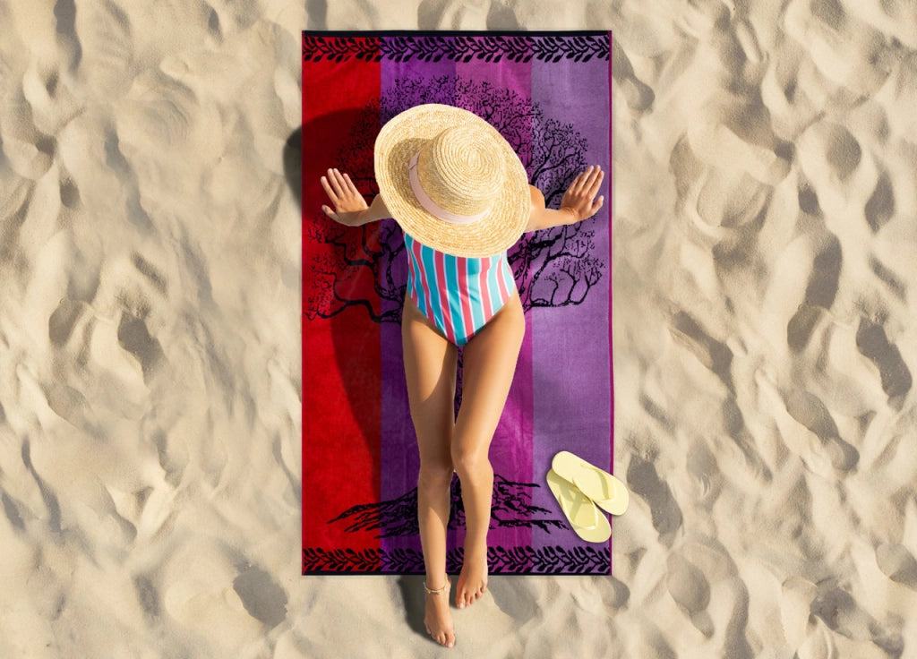 Telo Mare Jacquard Spugna Asciugamano Spiaggia Disegno Life Tree - Telo Mare - Viola