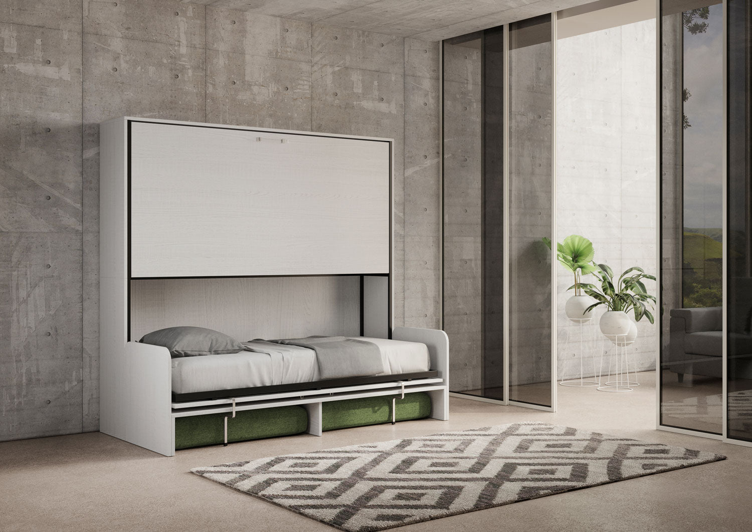Letto Doppio A Scomparsa Kando Con Divano Bianco Frassino e Verde