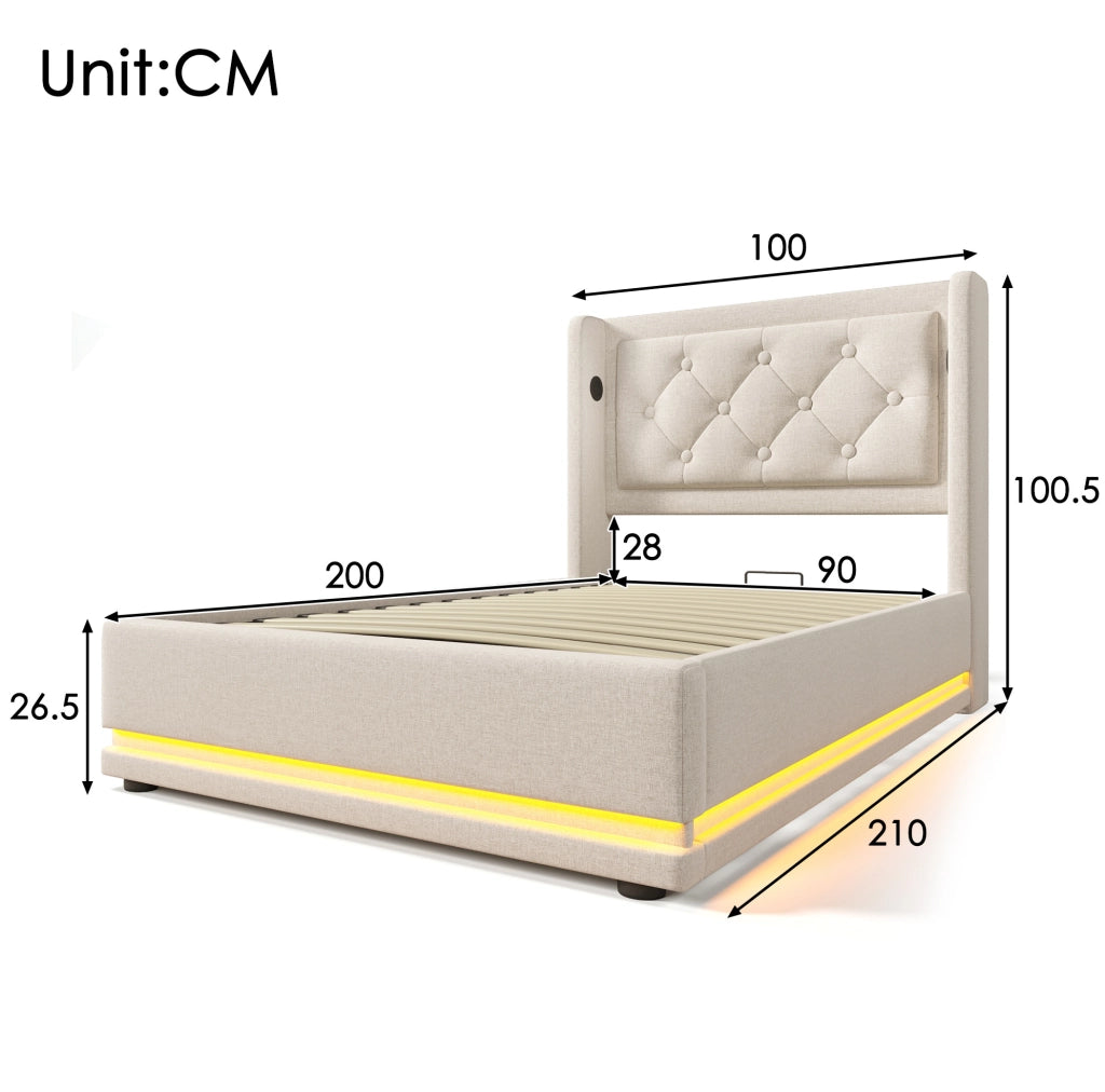 Letto singolo imbottito 90x200 cm in cotone beige con contenitore; USB Type-C e LED