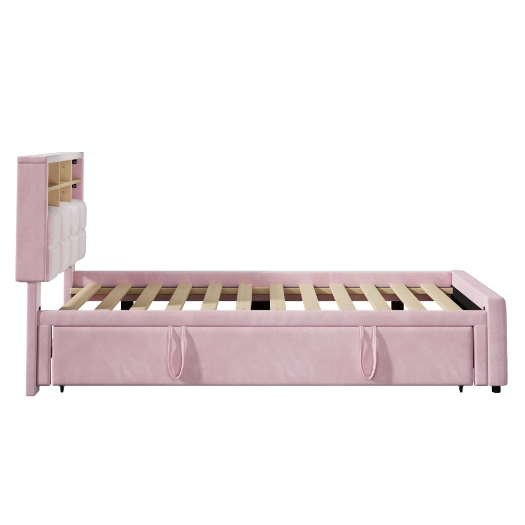 Letto singolo 90x200 cm rosa in velluto con letto estraibile per ospiti e prese USB