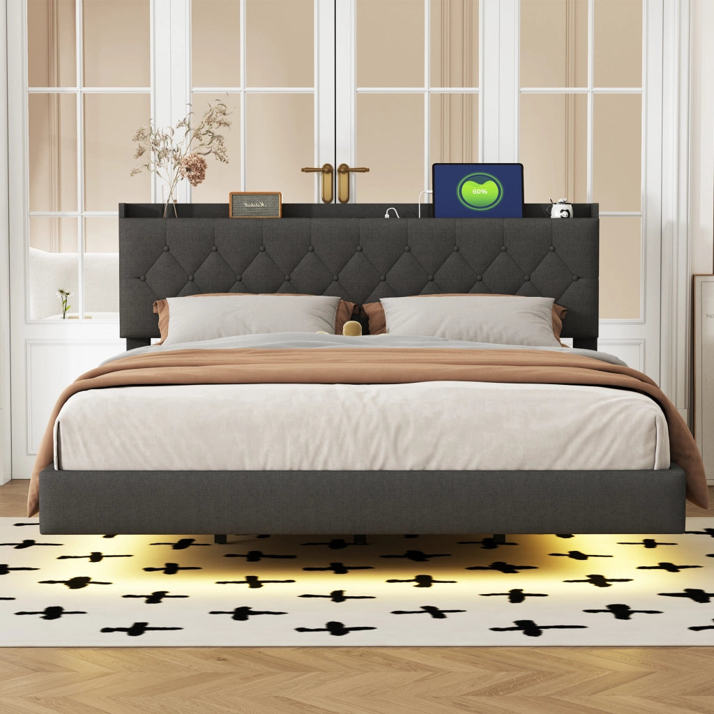 Letto imbottito matrimoniale 160×200 cm con USB; LED multicolore e contenitore; senza materasso; grigio