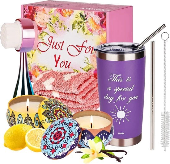 Regali per donne, regali di compleanno per donne, regalo per amica e madre, tazza di caffè per la strada, set di benessere, candele profumate, idea regalo per la Domenica delle Donne, Natale, San Valentino, blu.