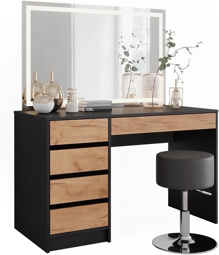 Vicco Tavolo da toilette Sherry, Antracite/quercia dorata, 120 x 75 cm con specchio LED e sgabello