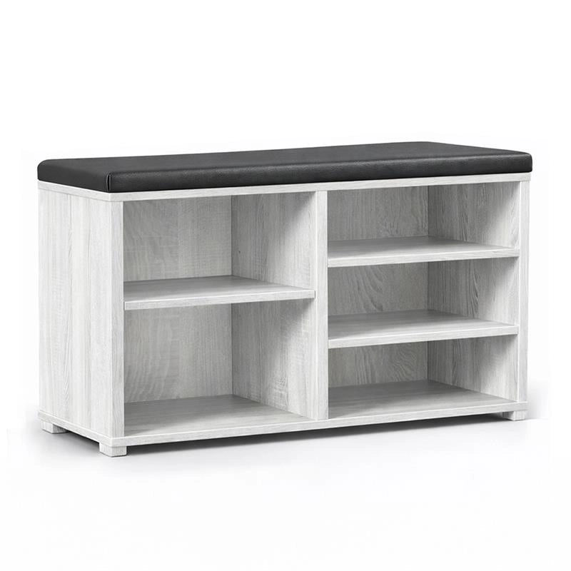 SCARPIERA IN MDF COLOR BIANCO LEGNO CON RIPIANI E SEDUTA IN SIMIL PELLE NERA DIMENSIONI 80X30X47 CM