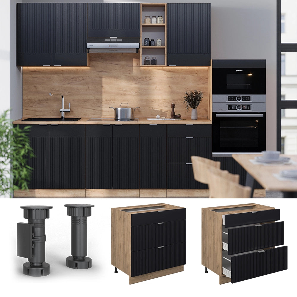 Vicco Mobiletto base per cucina Nero a righe 80 cm con 3 cassetti, PL Antracite