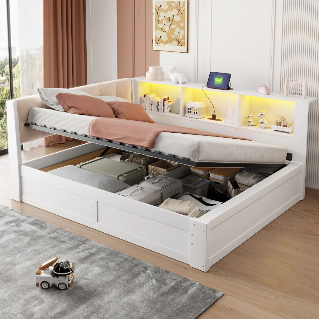 Letto Contenitore Letto Singolo 140x200 cm; con USB; LED e Scaffale laterale in Bianco