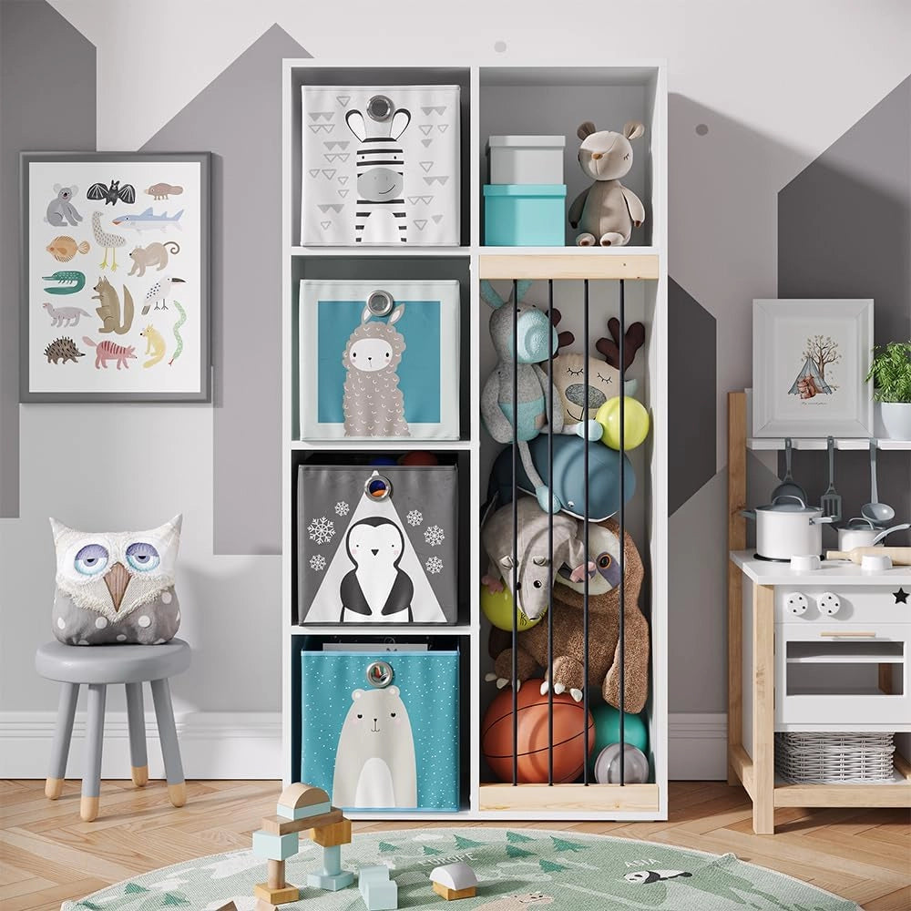 Libreria bambini Marvin, Bianco, 72 x 143 cm con 4 scatole pieghevoli opt.2, adatto per riporre giocattoli e libri