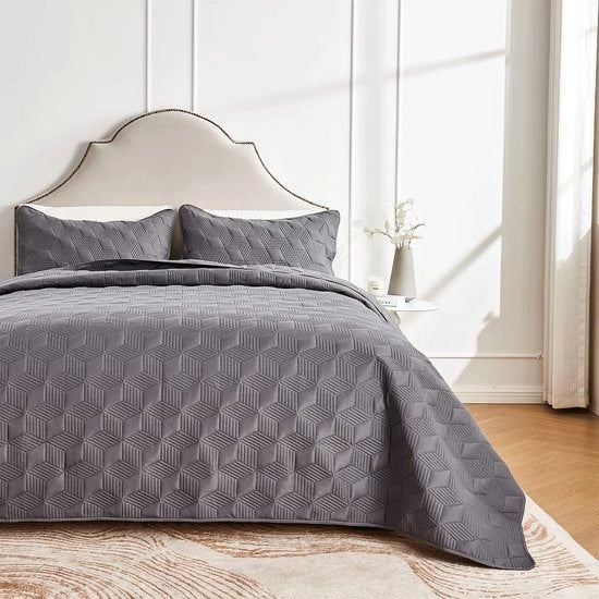 Biancheria da letto 220x200cm grigia, piuma di microfibra, coperta a trapuntato, deken leggero, coperta cucita con ultrasuoni con 2 cuscini, disegno a riquadri