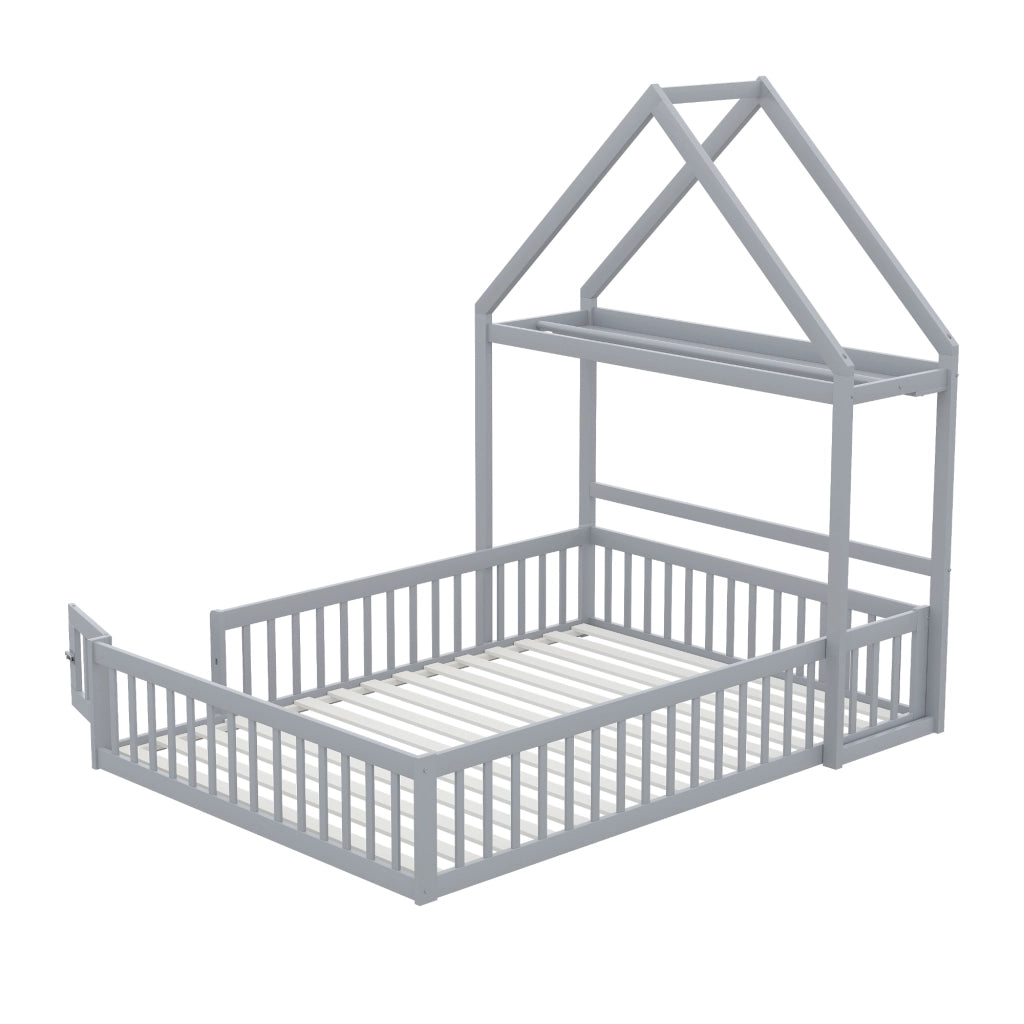 Letto per bambini 140×200 cm con tetto; porta; ripiani e asta appendiabiti; rete a doghe; senza materasso; grigio