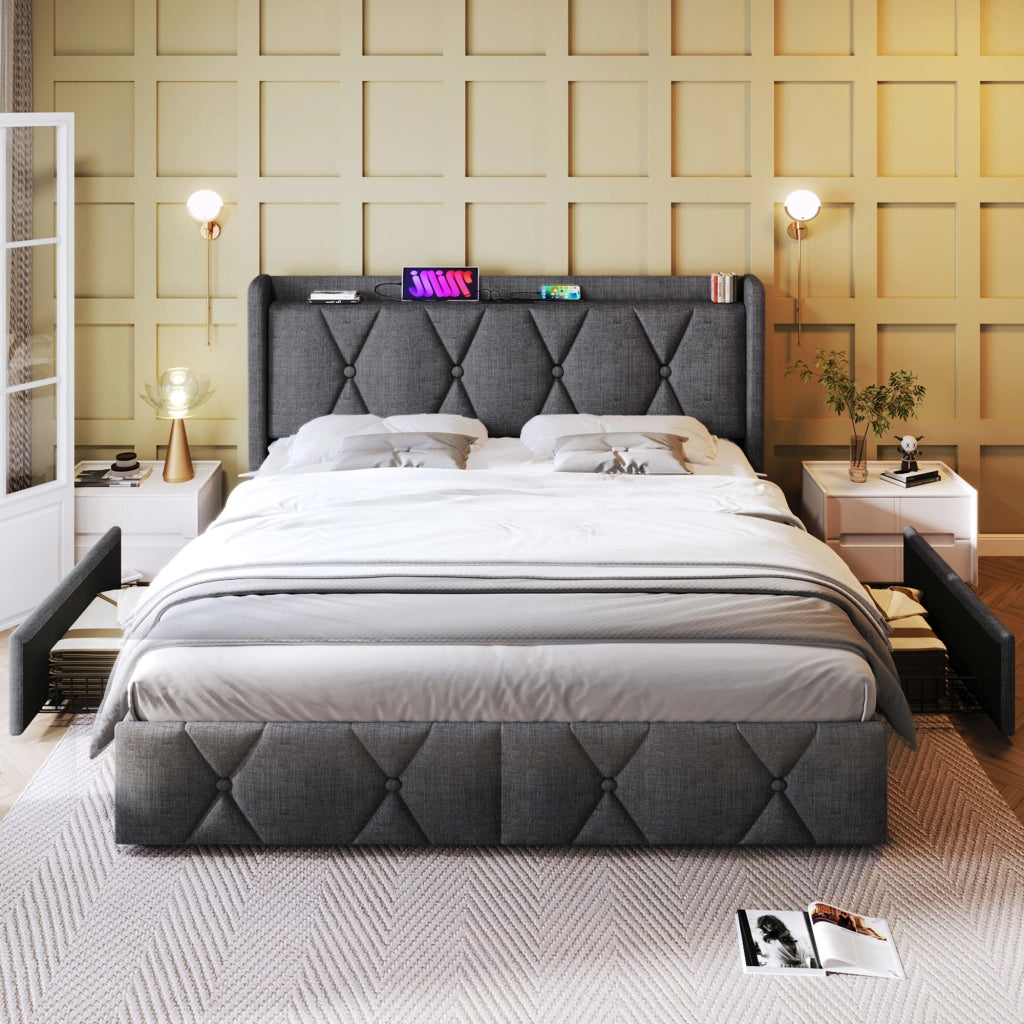 LETTO Contenitore 140x200 cm Grigio in lino con 4 cassetti, USB e prese