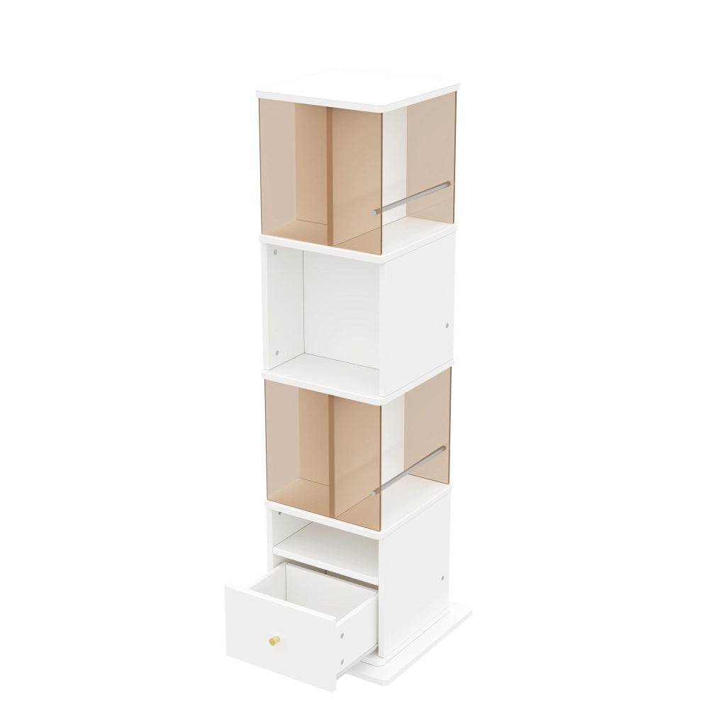 Vetrina girevole con led, 1 cassetto e vani aperti, per soggiorno e studio, in MDF e vetro, bianco e marrone, 50 × 50 × 160 cm