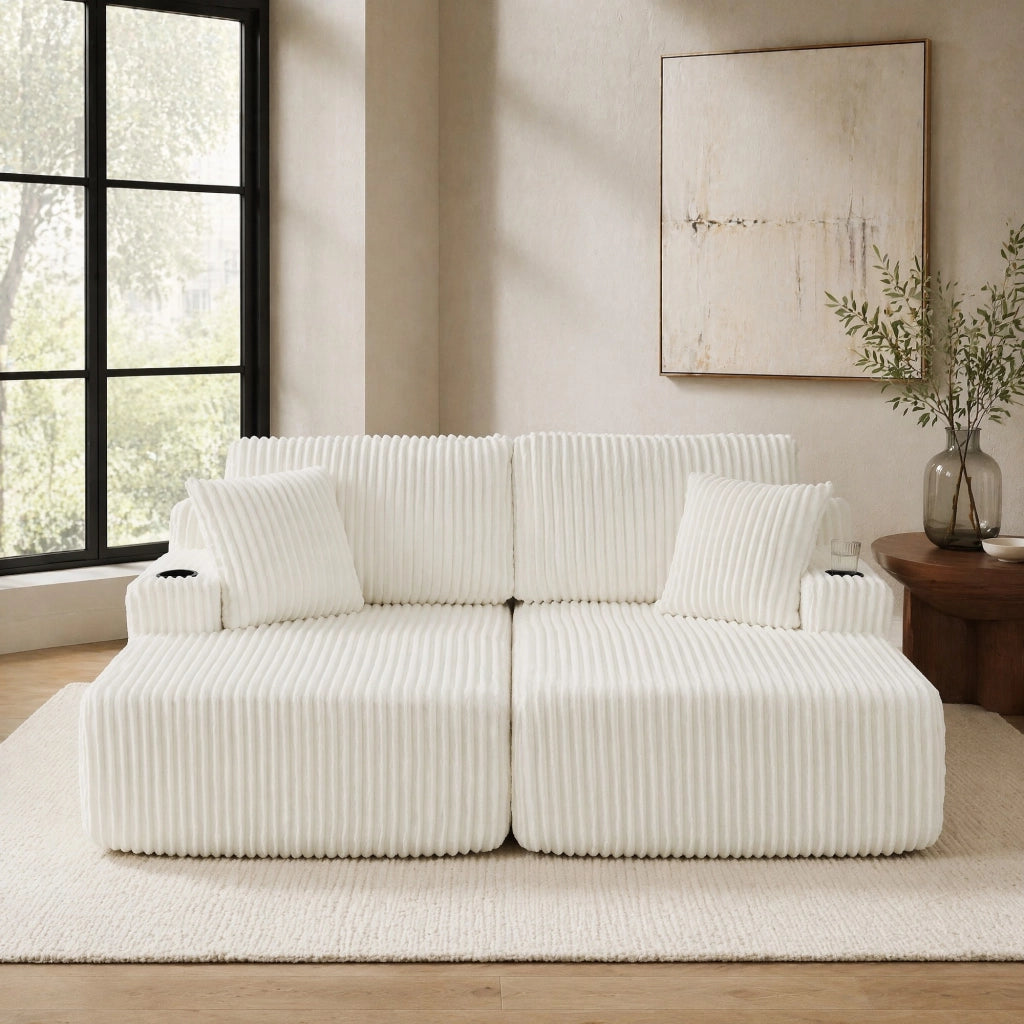 Divano letto 2 posti trasformabile in poltrona relax in tessuto a coste beige