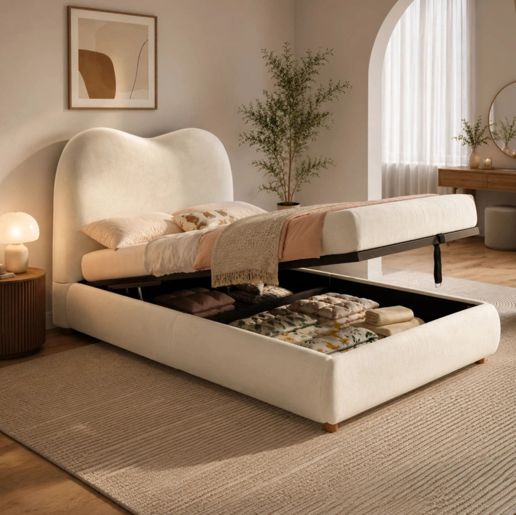 Letto singolo imbottito ULEVR 90x200 cm con contenitore idraulico e rete a doghe, velluto beige