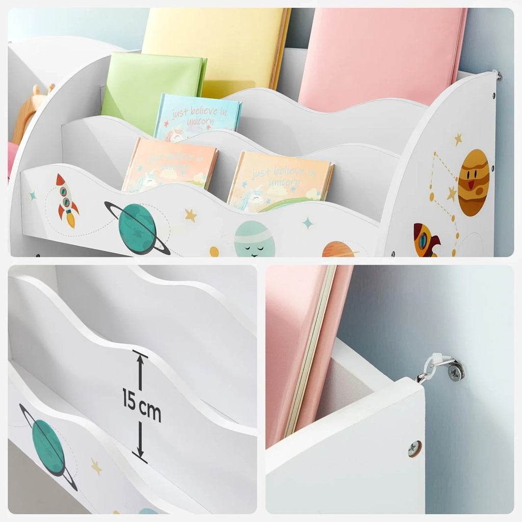 Scaffale portaoggetti per giocattoli e libri 93 x 30 x 100 cm mobiletto multifunzionale con 2 cassetti in tessuto tema pianeta per sala giochi cameretta dei bambini soggiorno bianco 12_0005725
