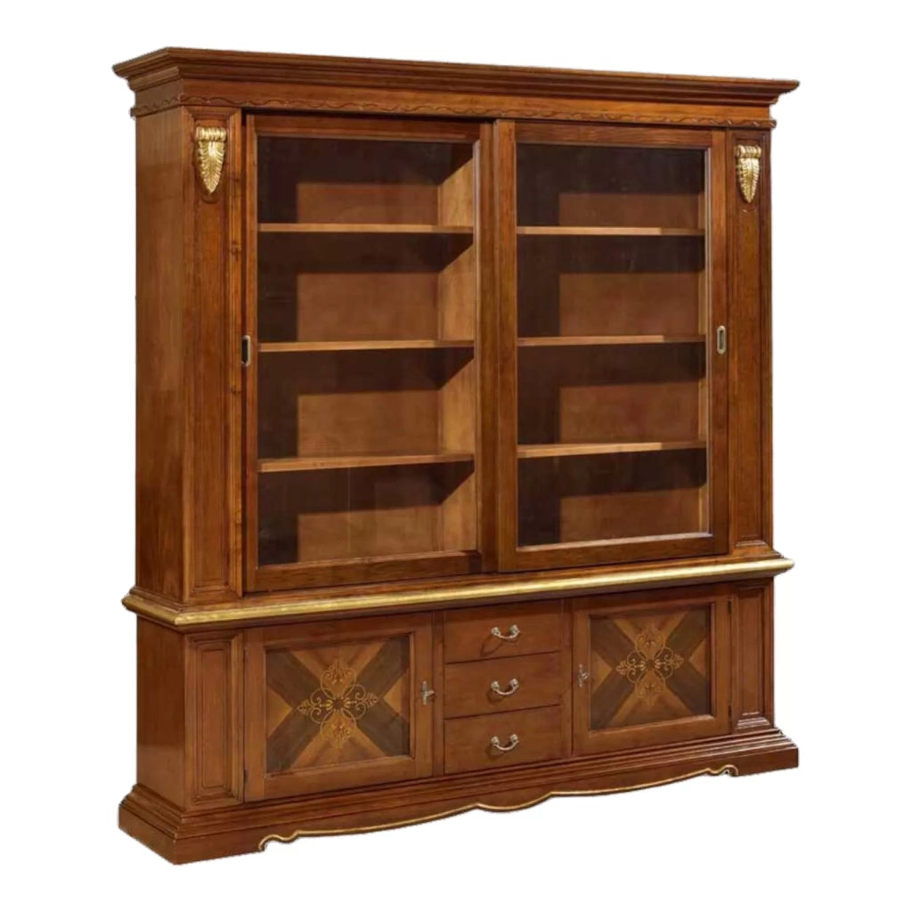 Cristalliera in legno 2 porte scorrevoli arte povera ciliegio/foglia oro 212x45x220 - Mobili 2G