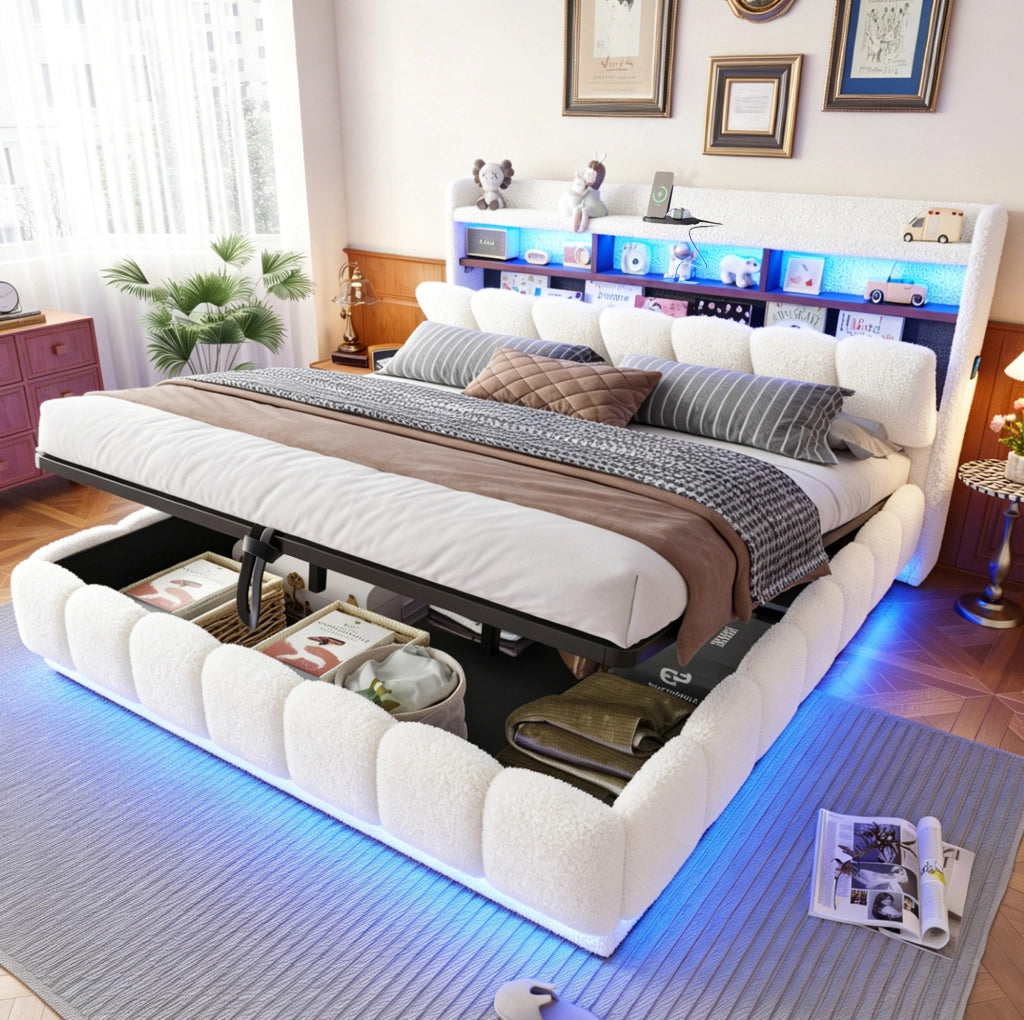 Letto imbottito 180x200 cm con contenitore, LED e USB, bianco