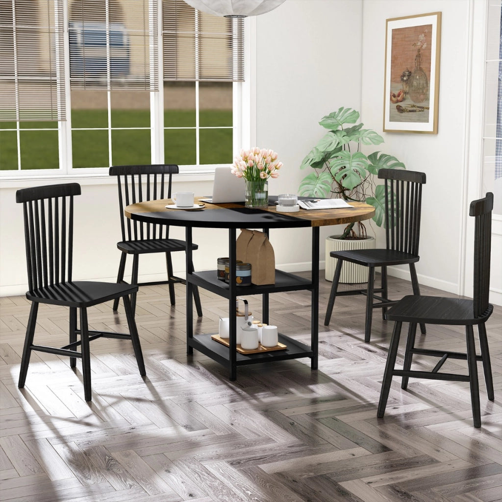 Tavolo da pranzo rotondo da cucina in legno diametro design bicolore a blocchi-Tavolo ripiani portaoggetti e gambe in metallo